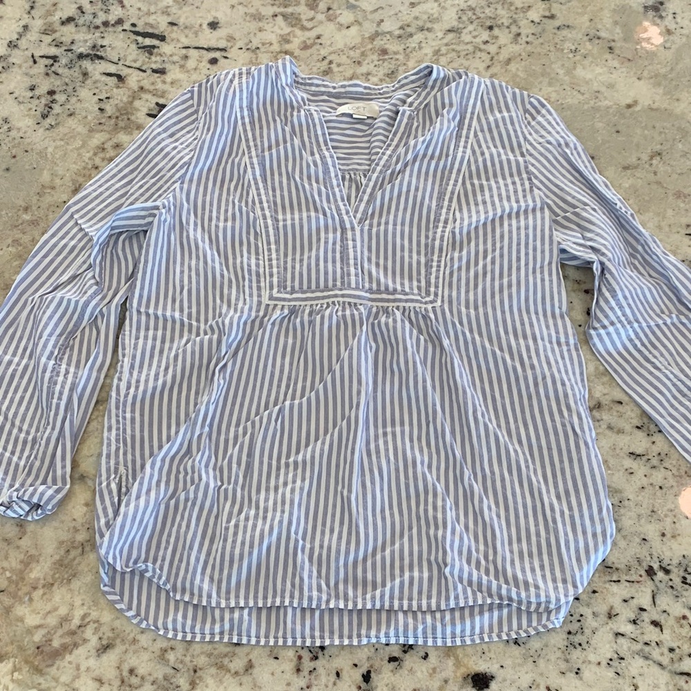 LOFT Light Blue and White Striped Blouse